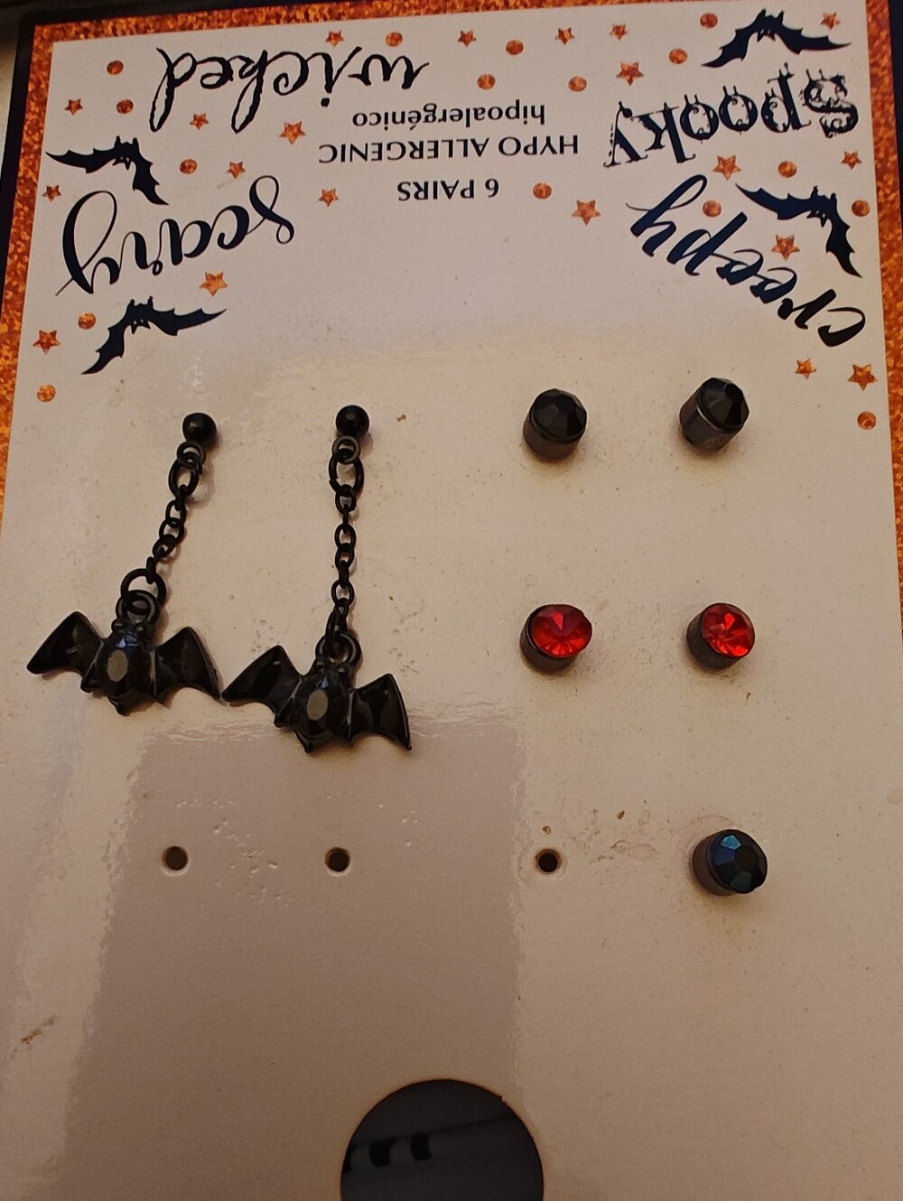 Source Unknown Black Bat Dangle & Red/Black Stud Earring Set